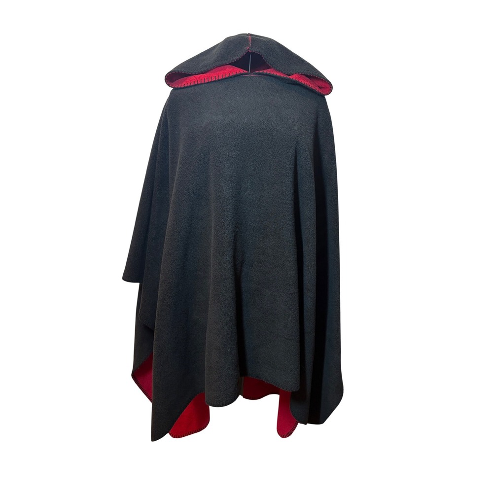 Reversible Hooded Fleece Poncho Black Red Blanket Stitch Oversized Wrap Cape